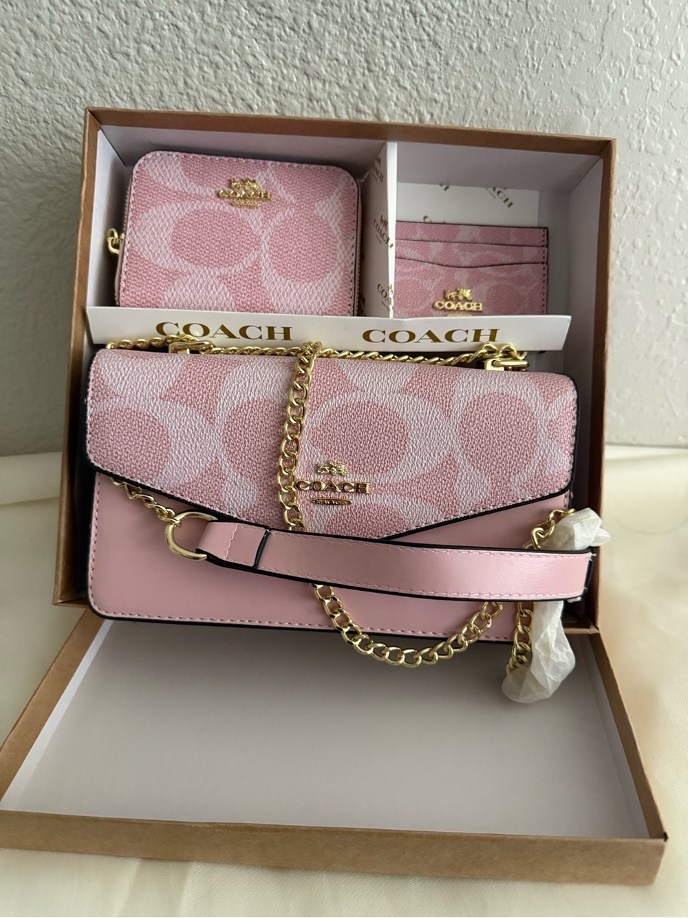 Coach Pink Signature Chain Crossbody Bag Set NEW